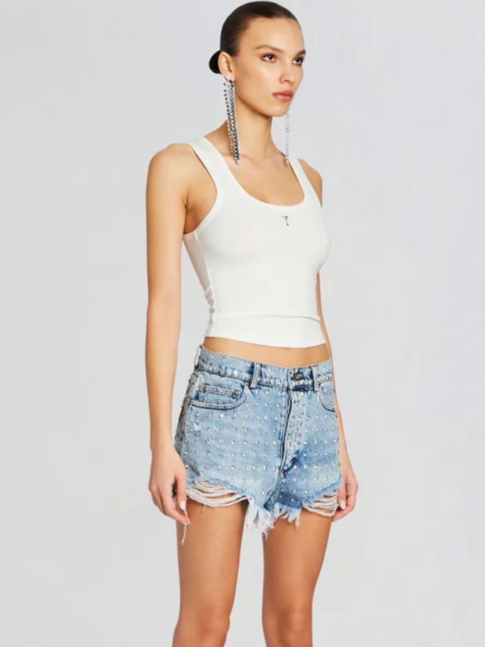 RETROFETE ANGEL EMBELLISHED DENIM SHORT Studded Distressed Denim - Blue. Size 28 - Picture 4 of 15